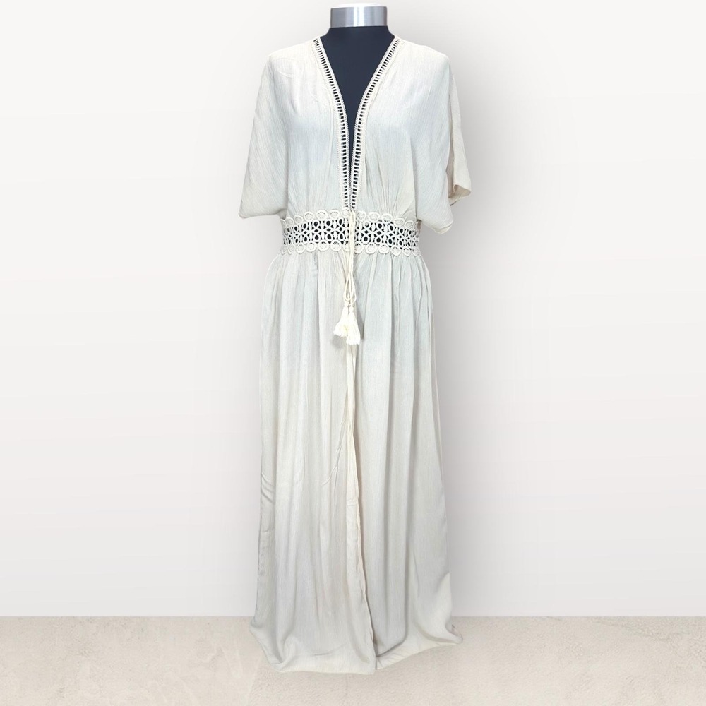 Lavender Field White Boho Duster Tie Front Tasseled Crochet Accent Womens Large